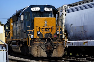 A CSX train engine sits idle on tracks in Philadelphia, Sept. 14, 2022.