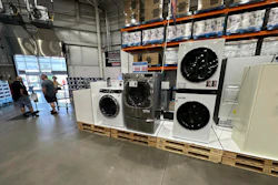 Washers displayed near the entrance to a Costco warehouse, July 8, 2025, Sheridan, Colo.