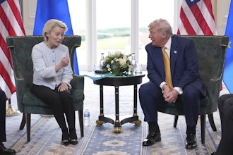 President Donald Trump and European Commission President Ursula von der Leyen speak as they meet at the Trump Turnberry golf course in Turnberry, Scotland Sunday, July 27, 2025.