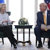 President Donald Trump and European Commission President Ursula von der Leyen talk after reaching a trade deal at the Trump Turnberry golf course in Turnberry, Scotland Sunday, July 27, 2025.