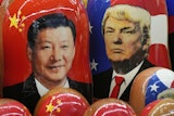Russian Matryoshka dolls depicting China's President Xi Jinping and President Trump at a souvenir shop in St. Petersburg, Nov. 21, 2024.