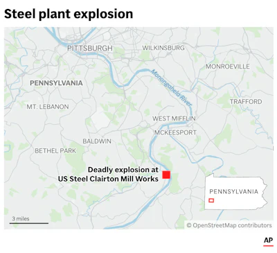 The map above locates the US Steel Clairton Mill Works steel plant in Clairton, Penn. where a deadly explosion occurred.
