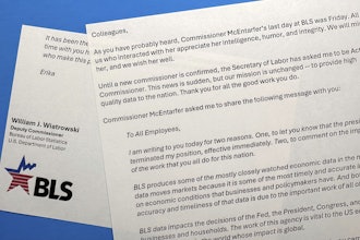 Part of an email to Bureau of Labor Statistics employees from William Wiatrowski, obtained by the Associated Press, photographed on Aug. 12, 2025.