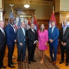 Pictured, from left, Jay Chesshir, president and CEO of the Little Rock Regional Chamber; Little Rock Mayor Frank Scott Jr.; Vipul Mathur, managing director and CEO of Welspun Corp; Arkansas Governor Sarah Huckabee Sanders; Arkansas Secretary of Commerce Hugh McDonald; and Clay McGeorge, chair of the Little Rock Port Authority's Board of Directors.
