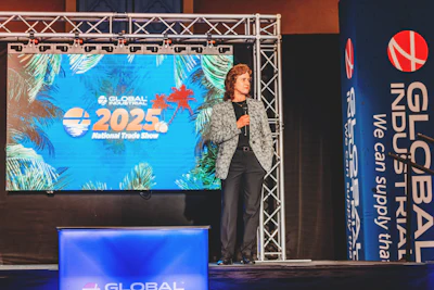 Global Industrial CEO Anesa Chaibi addresses the company's 2025 Trade Show.