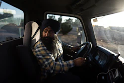Prahb Singh maneuvers his truck at a gas station in Fontana, Calif., Sept. 3, 2025.
