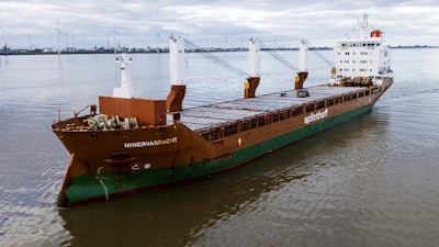 In a Jan. 12, 2025, photo from Mark Prummel, the Netherlands-flagged cargo ship Minervagracht is seen off Delfzijl, Netherlands.