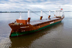 In a Jan. 12, 2025, photo from Mark Prummel, the Netherlands-flagged cargo ship Minervagracht is seen off Delfzijl, Netherlands.
