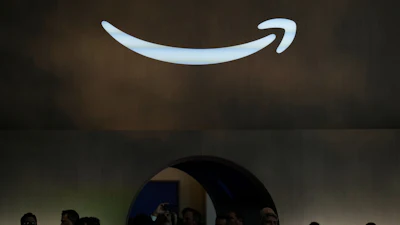 An Amazon logo is seen at an Amazon event in New York, Sept. 30, 2025.