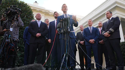 Transportation Secretary Sean Duffy at a press conference outside of the West Wing of the White House, Oct. 30, 2025.