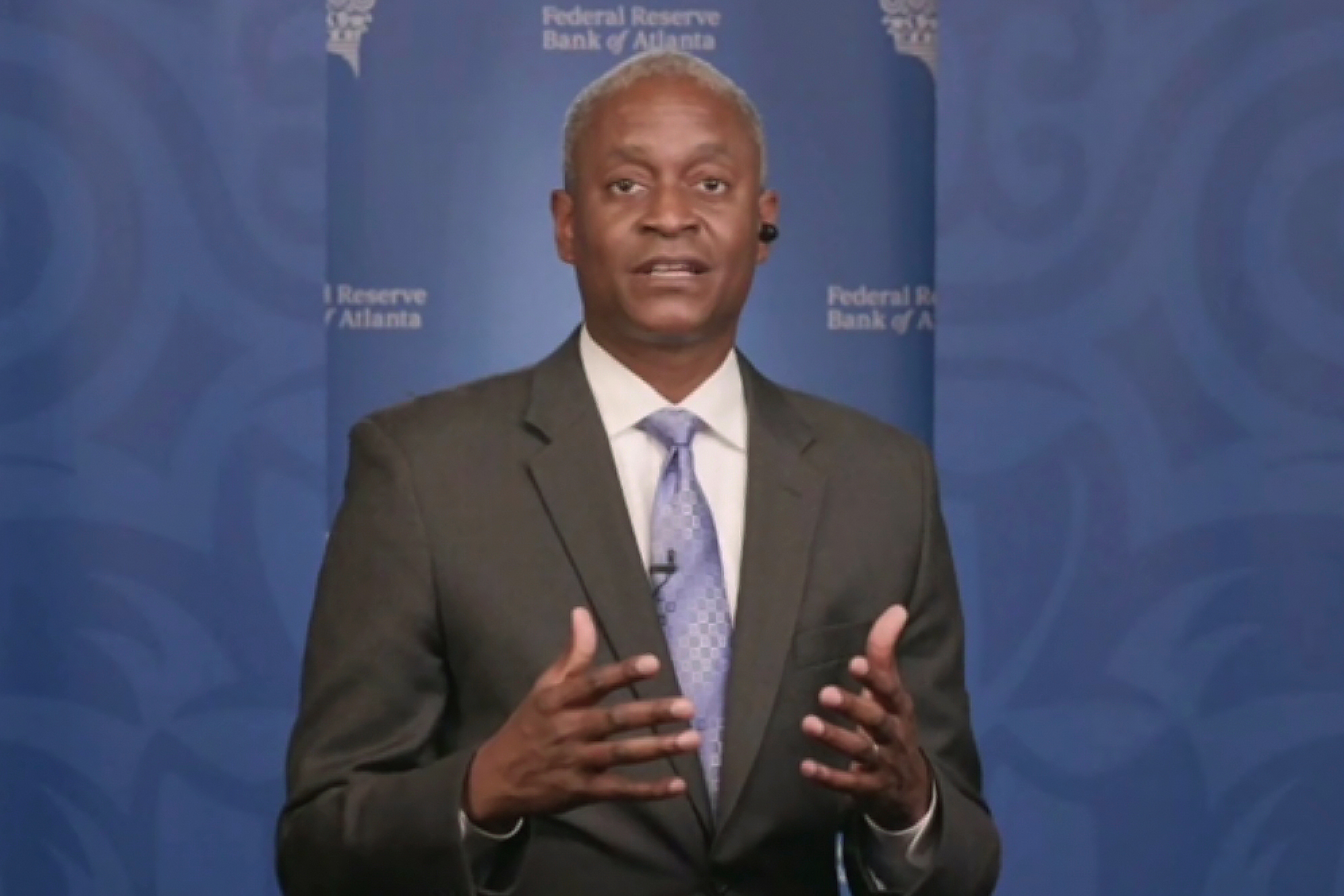 In this image taken from video, Atlanta Federal Reserve Bank President Raphael Bostic speaks during a webinar, April 13, 2021.