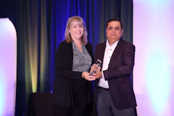 Ajay Bajaj of Rotator Products Limited receives the 2025 Warren Pike Award from PTDA EVP and CEO Ann Arnott during the PTDA Industry Summit, Oct. 24, 2025, San Antonio, Texas.