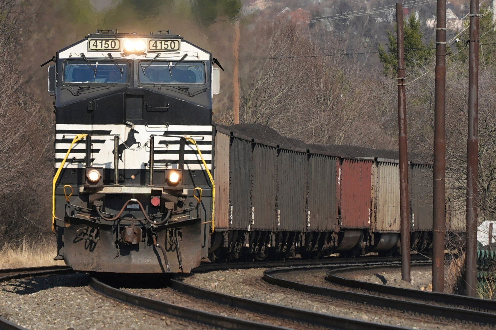 A Norfolk Southern freight train passes through Homestead, Pa., March 12, 2025.
