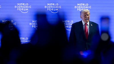 President Donald Trump walks on to the stage during the 56th annual meeting of the World Economic Forum, WEF, in Davos, Switzerland, Wednesday, Jan. 21, 2026.