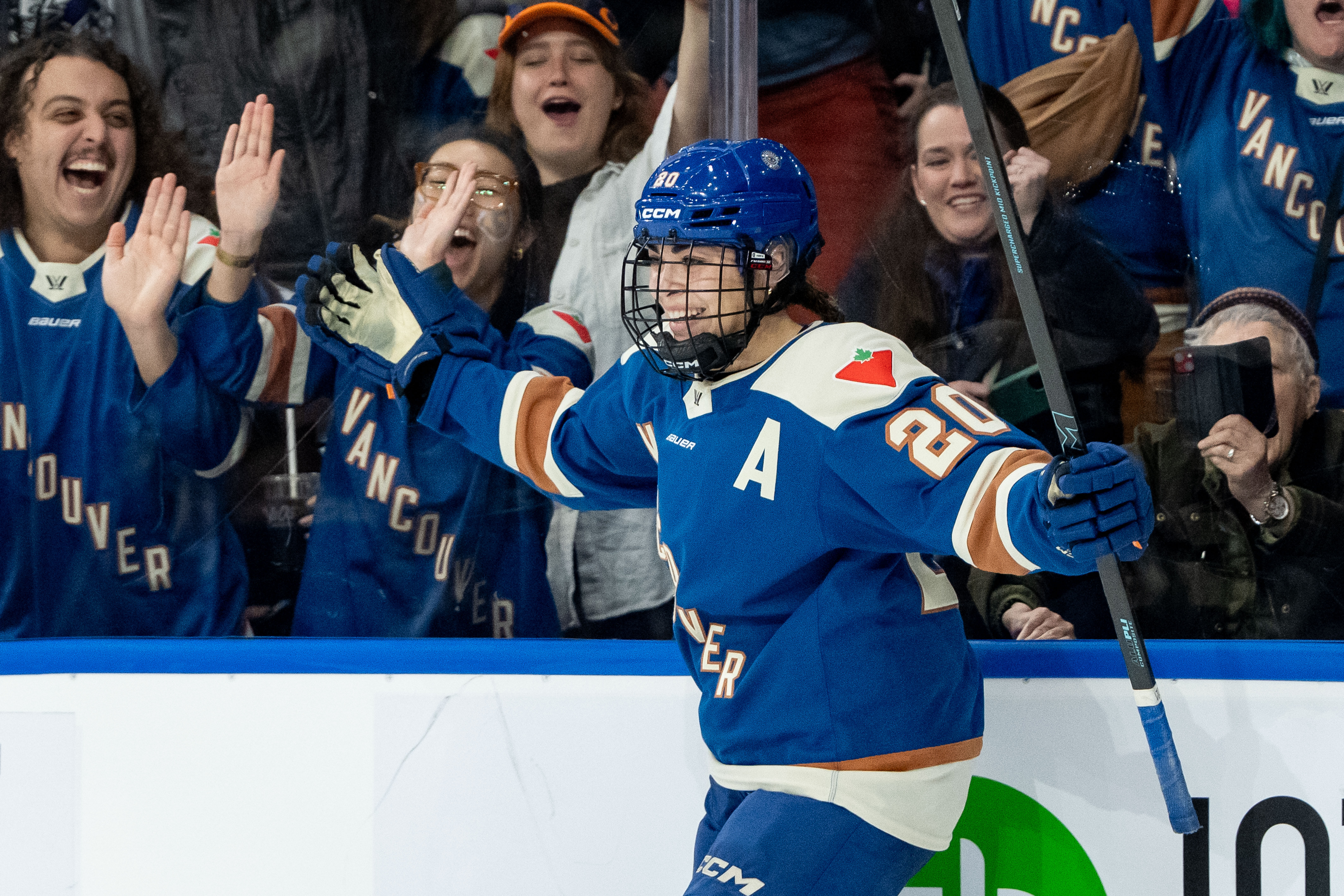 Sarah Nurse of the Vancouver Goldeneyes celebrates her goal against the Toronto Sceptres during the third period of a PWHL hockey game, Vancouver, B.C., Jan. 22, 2026.