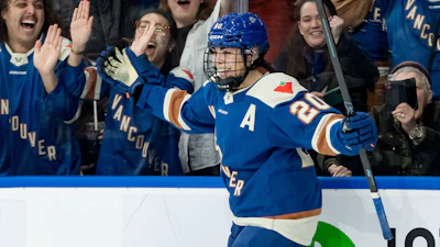Sarah Nurse of the Vancouver Goldeneyes celebrates her goal against the Toronto Sceptres during the third period of a PWHL hockey game, Vancouver, B.C., Jan. 22, 2026.