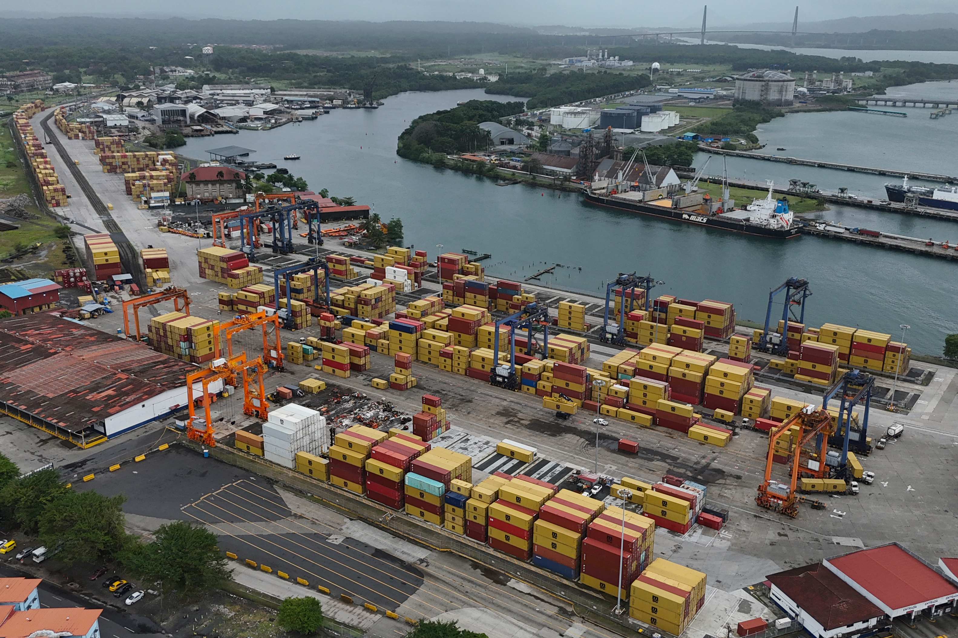 Aerial view of cargo containers stacked at the Cristobal port, Colon, Panama, Feb. 6, 2026.