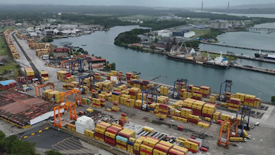 Aerial view of cargo containers stacked at the Cristobal port, Colon, Panama, Feb. 6, 2026.