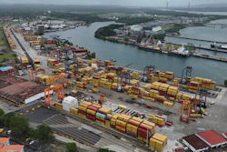 Aerial view of cargo containers stacked at the Cristobal port, Colon, Panama, Feb. 6, 2026.