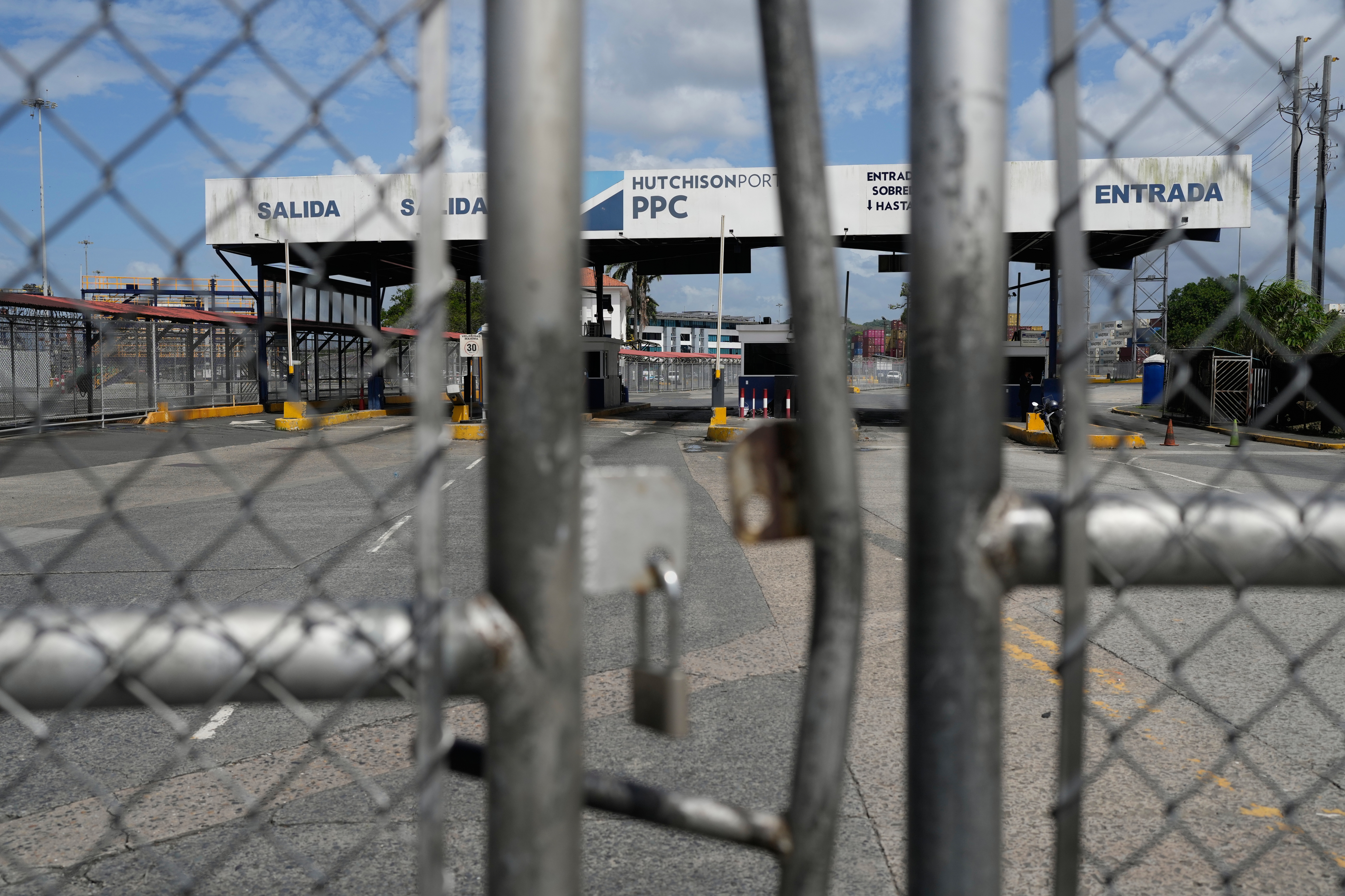 An entrance to the Balboa terminal is closed after Panama's government ordered the occupation of the port, Panama City, Feb. 23, 2026.
