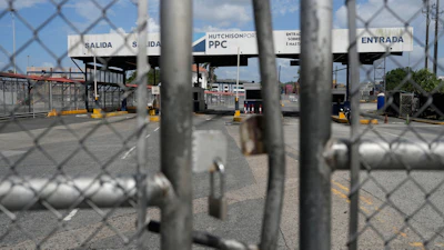 An entrance to the Balboa terminal is closed after Panama's government ordered the occupation of the port, Panama City, Feb. 23, 2026.