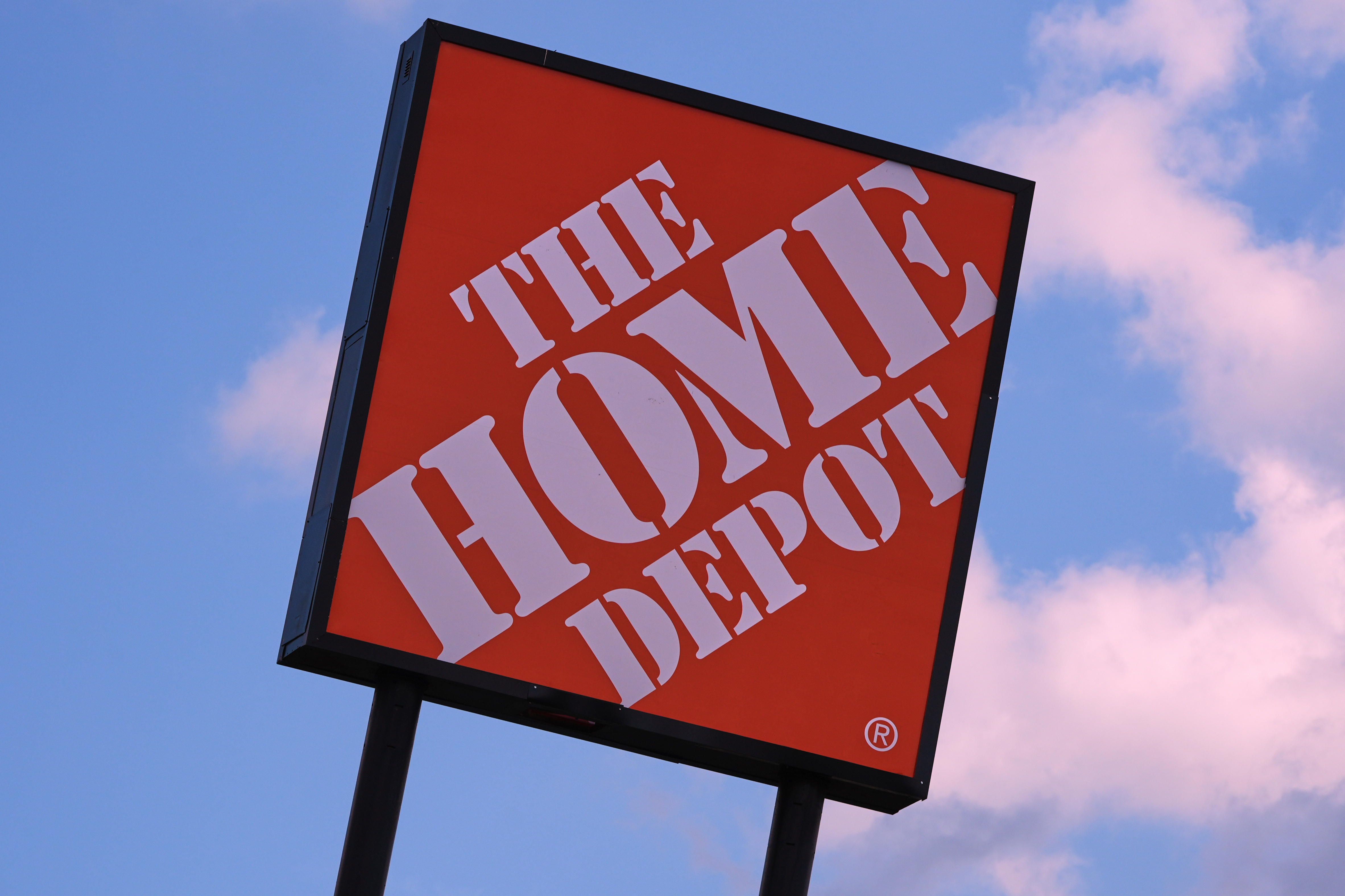 Home Depot sign outside a store in Manchester, N.H., Aug. 14, 2025.