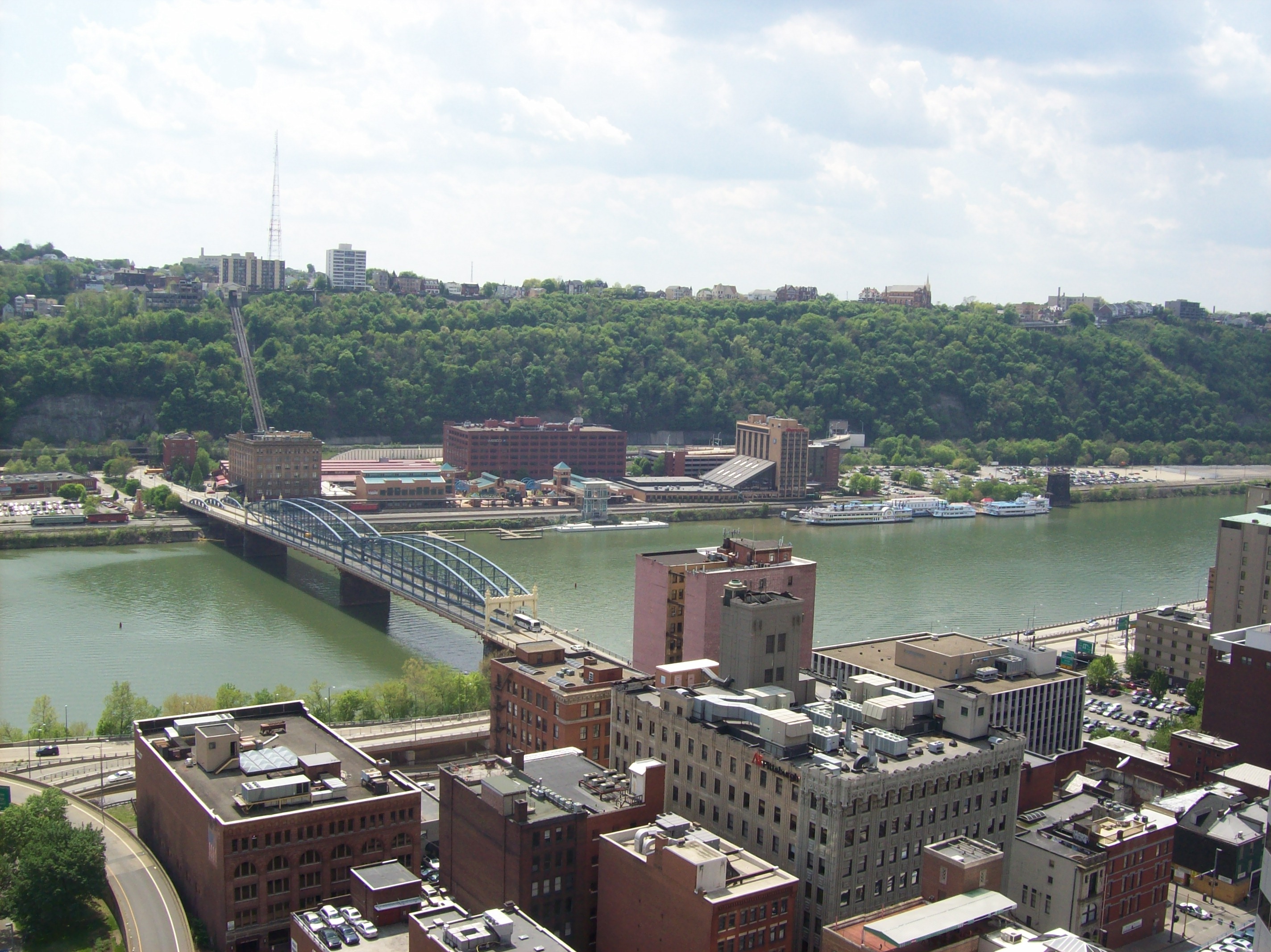 The Monongahela River and Wesco headquarters from downtown Pittsburgh, March 2022.
