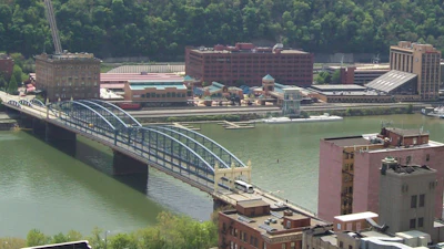 The Monongahela River and Wesco headquarters from downtown Pittsburgh, March 2022.