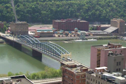 The Monongahela River and Wesco headquarters from downtown Pittsburgh, March 2022.
