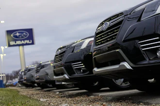 Subarus at a dealership on the Bedford Auto Mile, Bedford, Ohio, Feb. 20, 2026.
