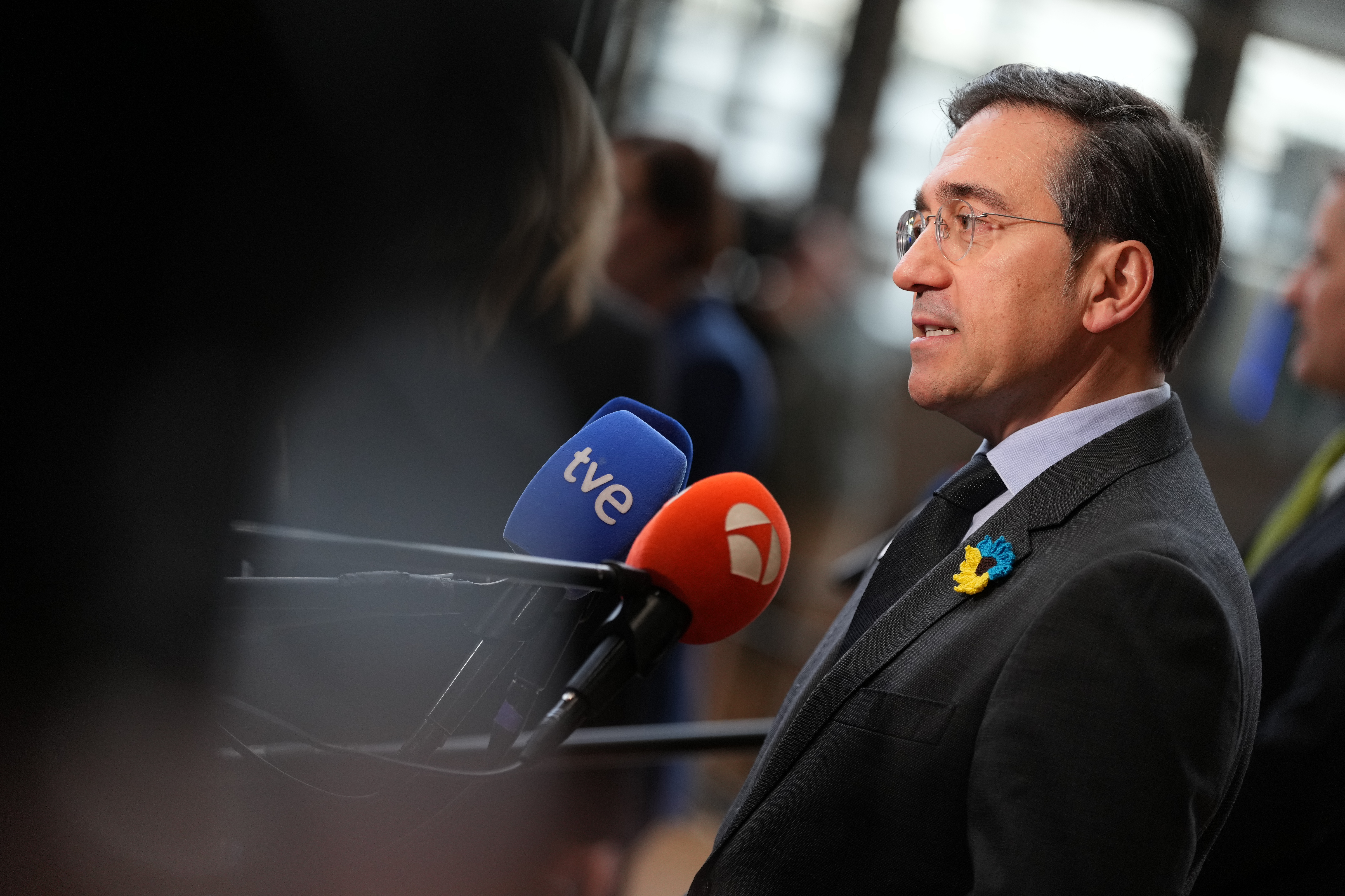 Spain Foreign Minister Jose Manuel Albares Bueno speaks with media in Brussels, Feb. 23, 2026.