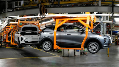 Vehicles move along the 2023 Chevrolet Bolt EV and EUV assembly line at the General Motors Orion Assembly June 15, 2023, in Lake Orion, Mich.