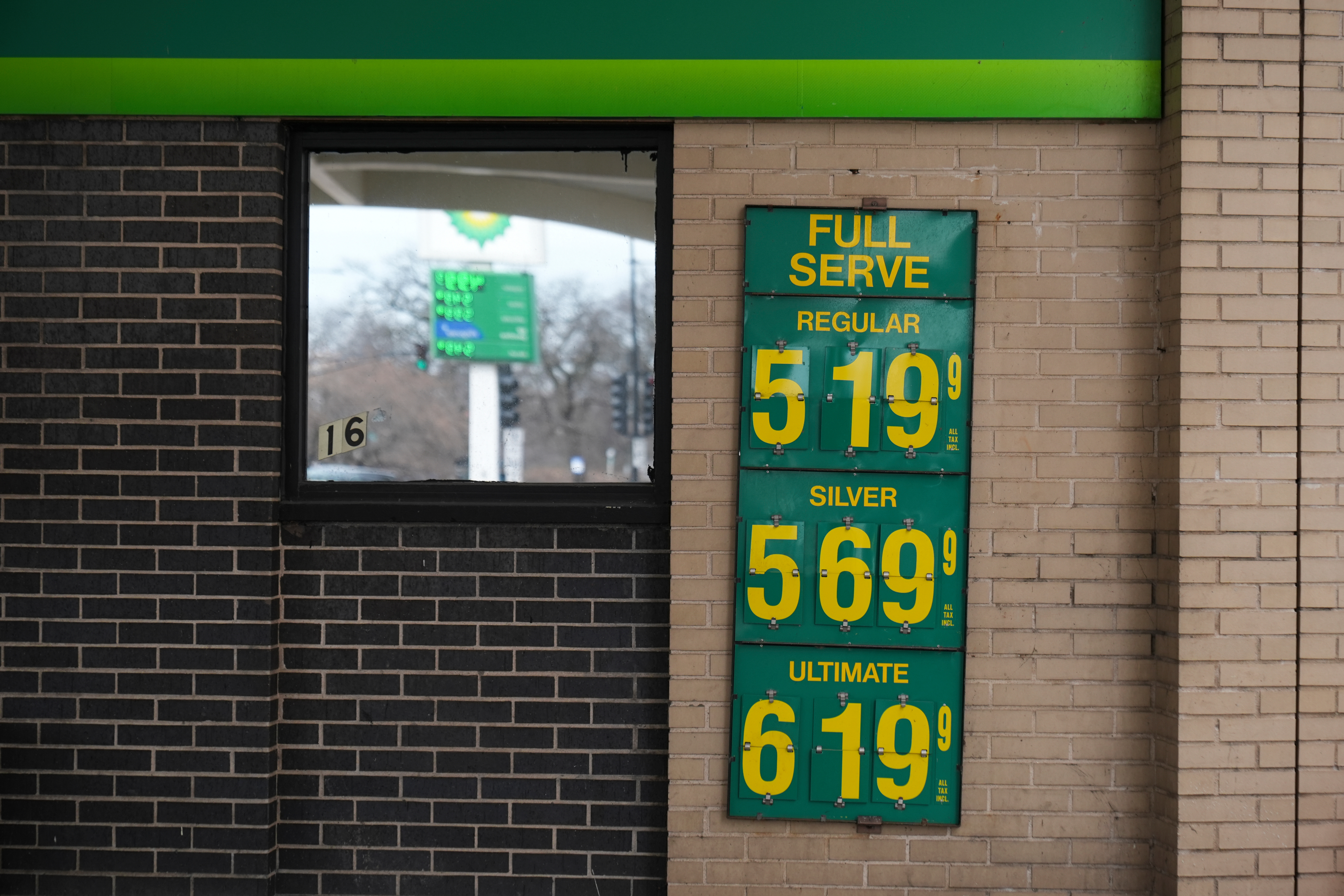 Gas prices displayed at a station in Chicago, March 24, 2026.