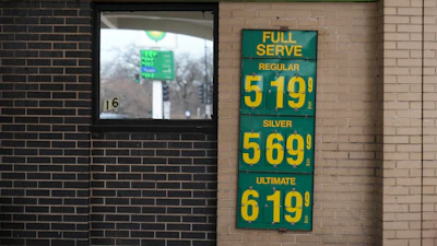 Gas prices displayed at a station in Chicago, March 24, 2026.