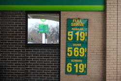 Gas prices displayed at a station in Chicago, March 24, 2026.