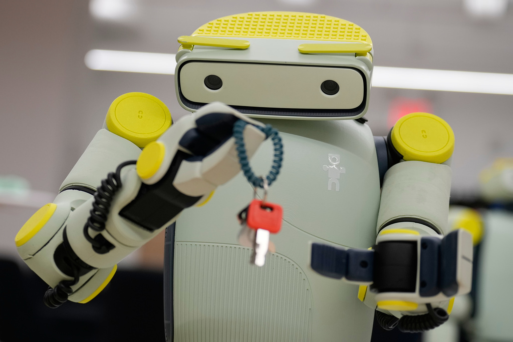 While being operated remotely, Fauna Robotics' new robot named Sprout shows off its dexterity in New York, Jan. 14, 2026.