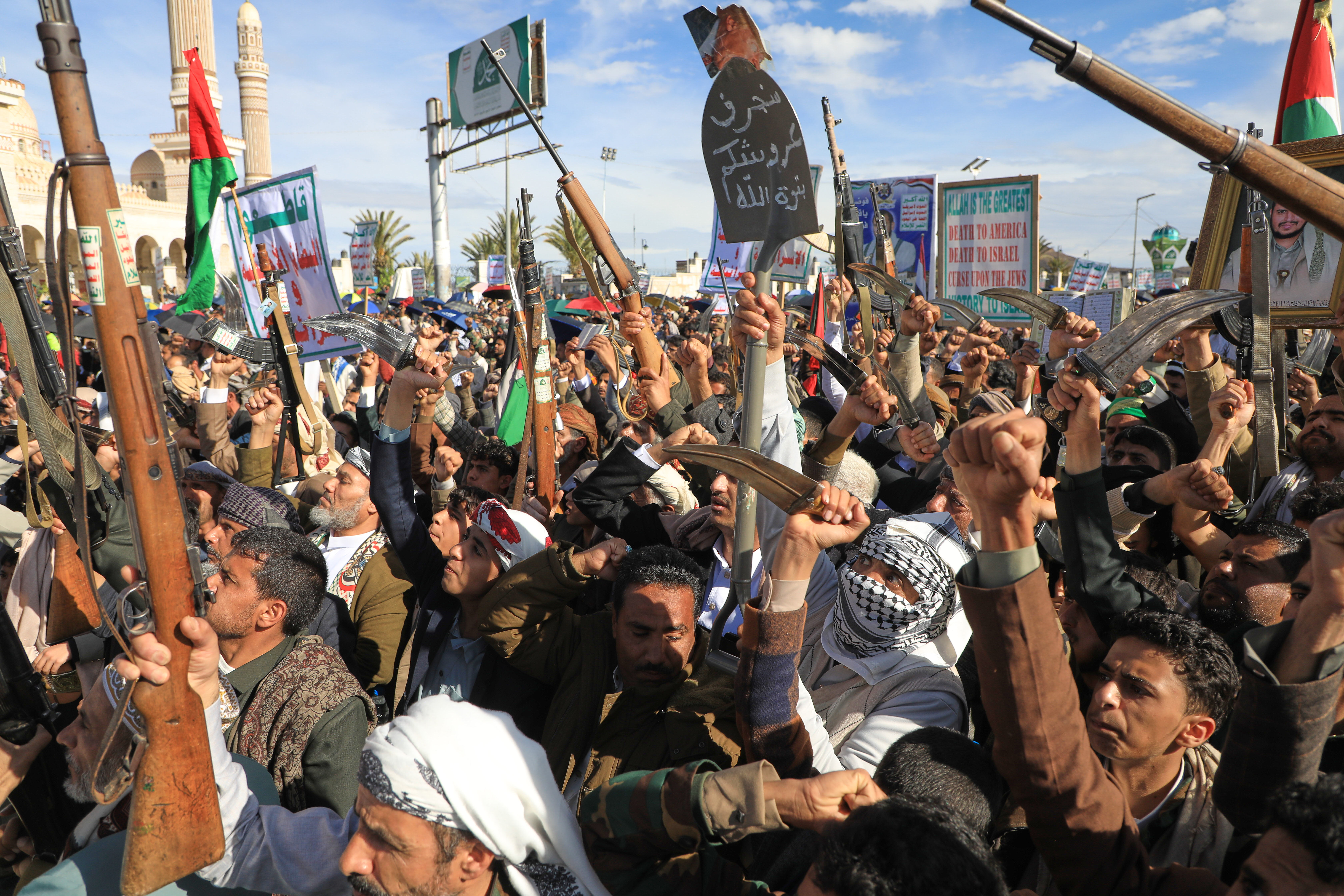 Houthi supporters rally against Israel and the United States' war in Iran, Sanaa, Yemen, March 27, 2026.