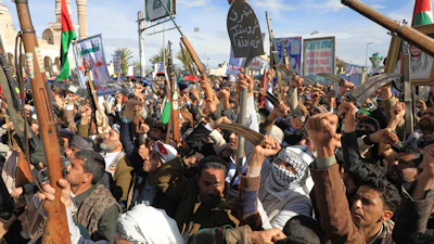 Houthi supporters rally against Israel and the United States' war in Iran, Sanaa, Yemen, March 27, 2026.