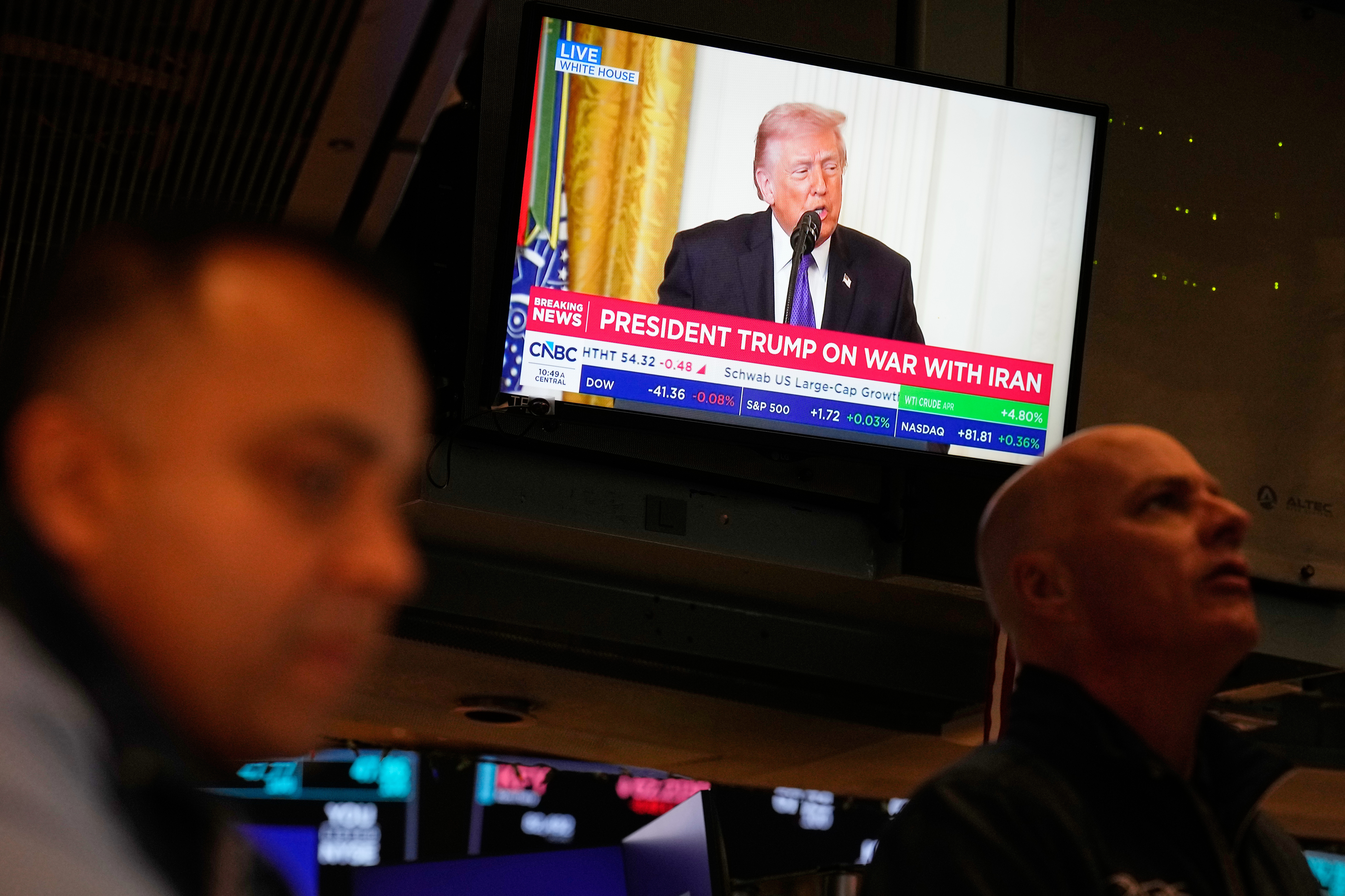 A television carries a speech by President Donald Trump on the floor at the New York Stock Exchange, March 2, 2026.