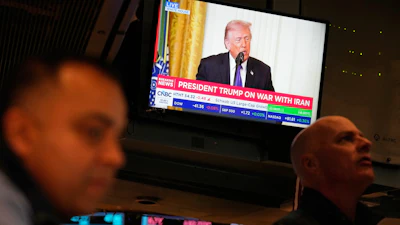 A television carries a speech by President Donald Trump on the floor at the New York Stock Exchange, March 2, 2026.