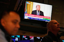 A television carries a speech by President Donald Trump on the floor at the New York Stock Exchange, March 2, 2026.