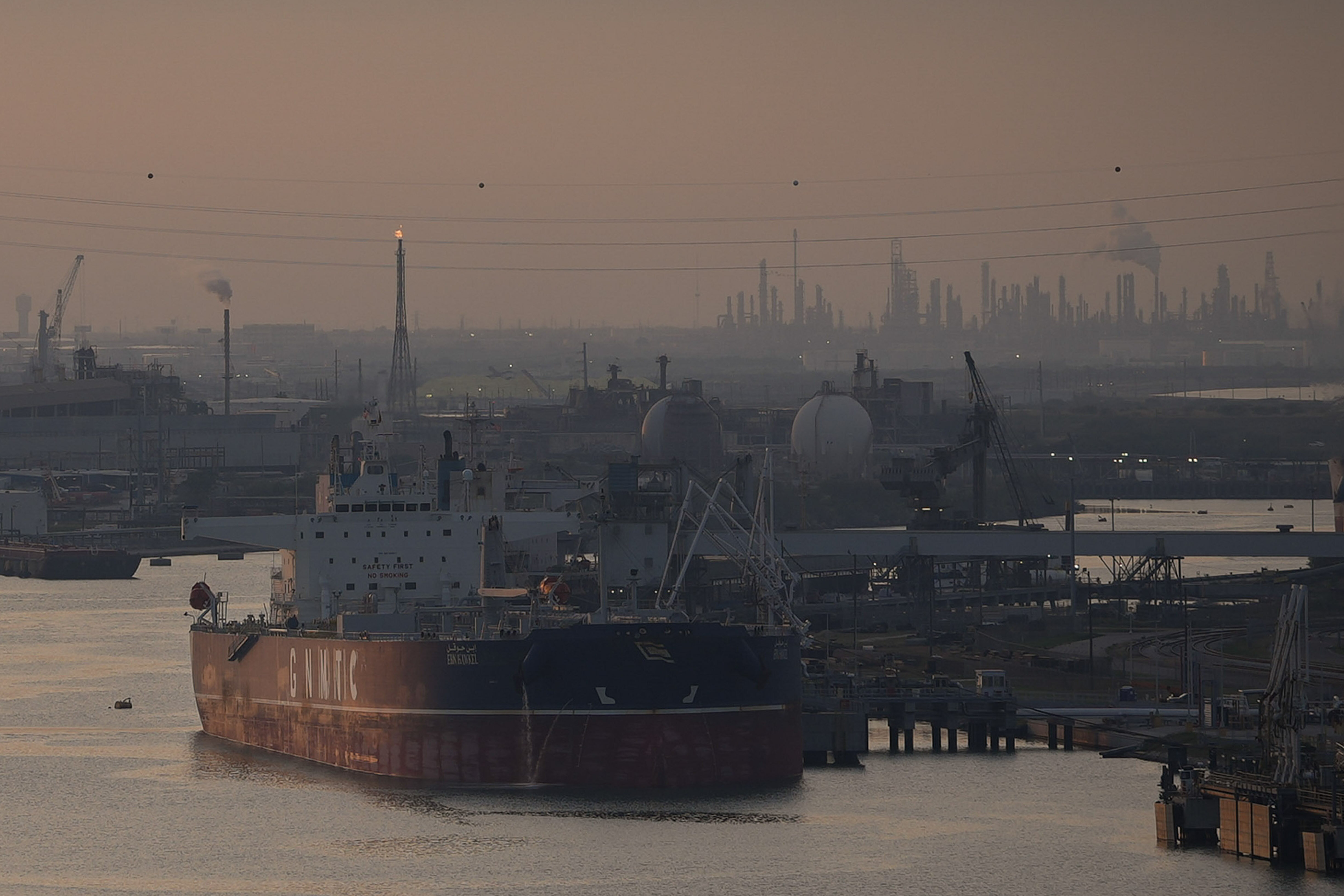 A ship is docked as the sun sets at the Port of Corpus Christi, Corpus Christi, Texas, Nov. 16, 2023.