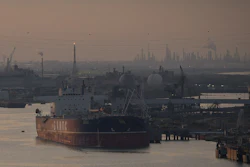 A ship is docked as the sun sets at the Port of Corpus Christi, Corpus Christi, Texas, Nov. 16, 2023.