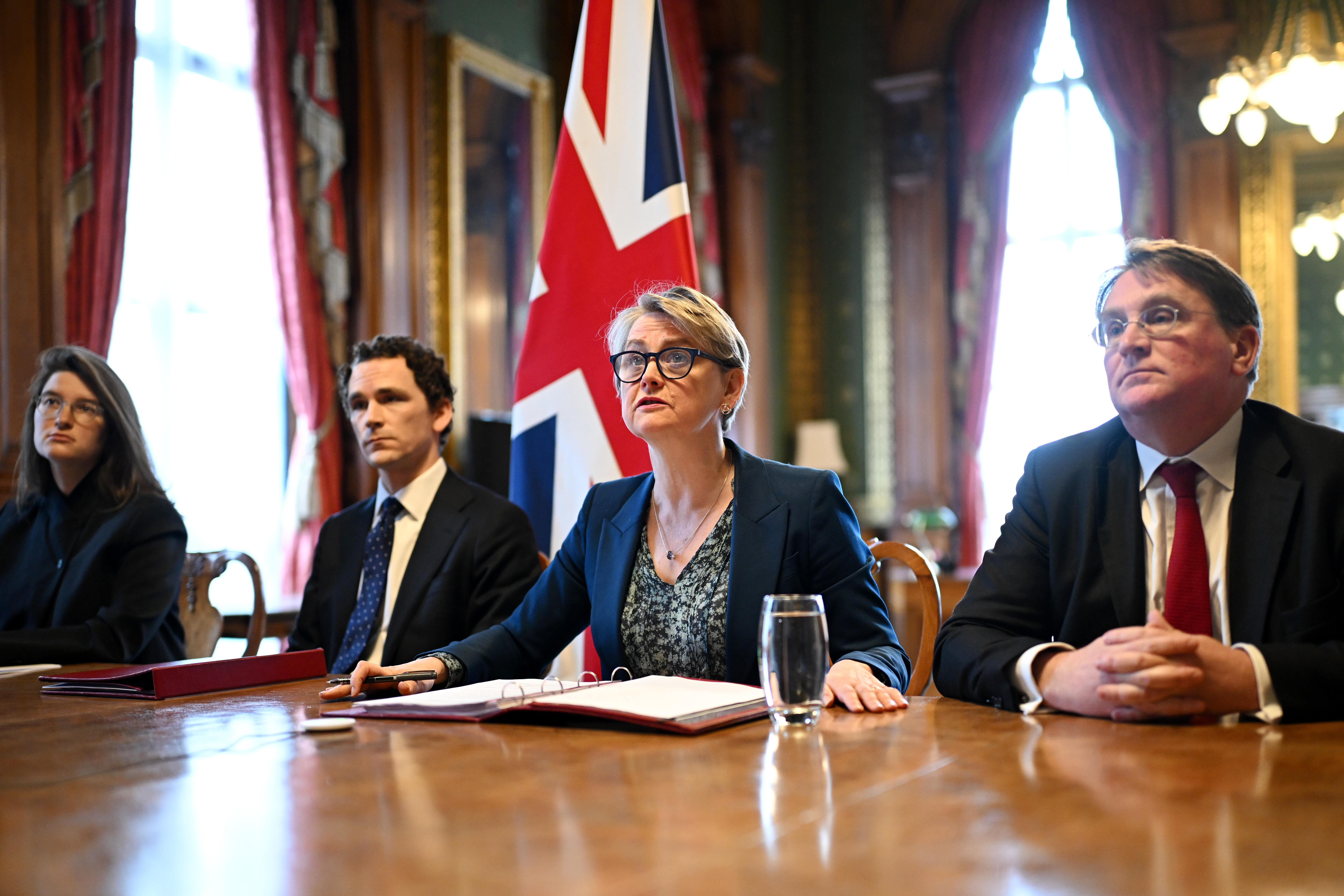Britain's Foreign Secretary Yvette Cooper, second right, attends a virtual summit at the Foreign & Commonwealth Office in London, April 2, 2026.