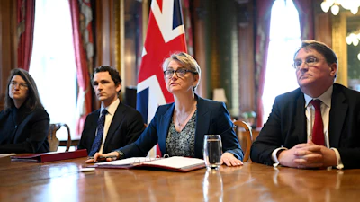 Britain's Foreign Secretary Yvette Cooper, second right, attends a virtual summit at the Foreign & Commonwealth Office in London, April 2, 2026.