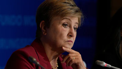 Kristalina Georgieva, managing director of the International Monetary Fund, listens during a briefing in Beijing, Dec. 10, 2025.