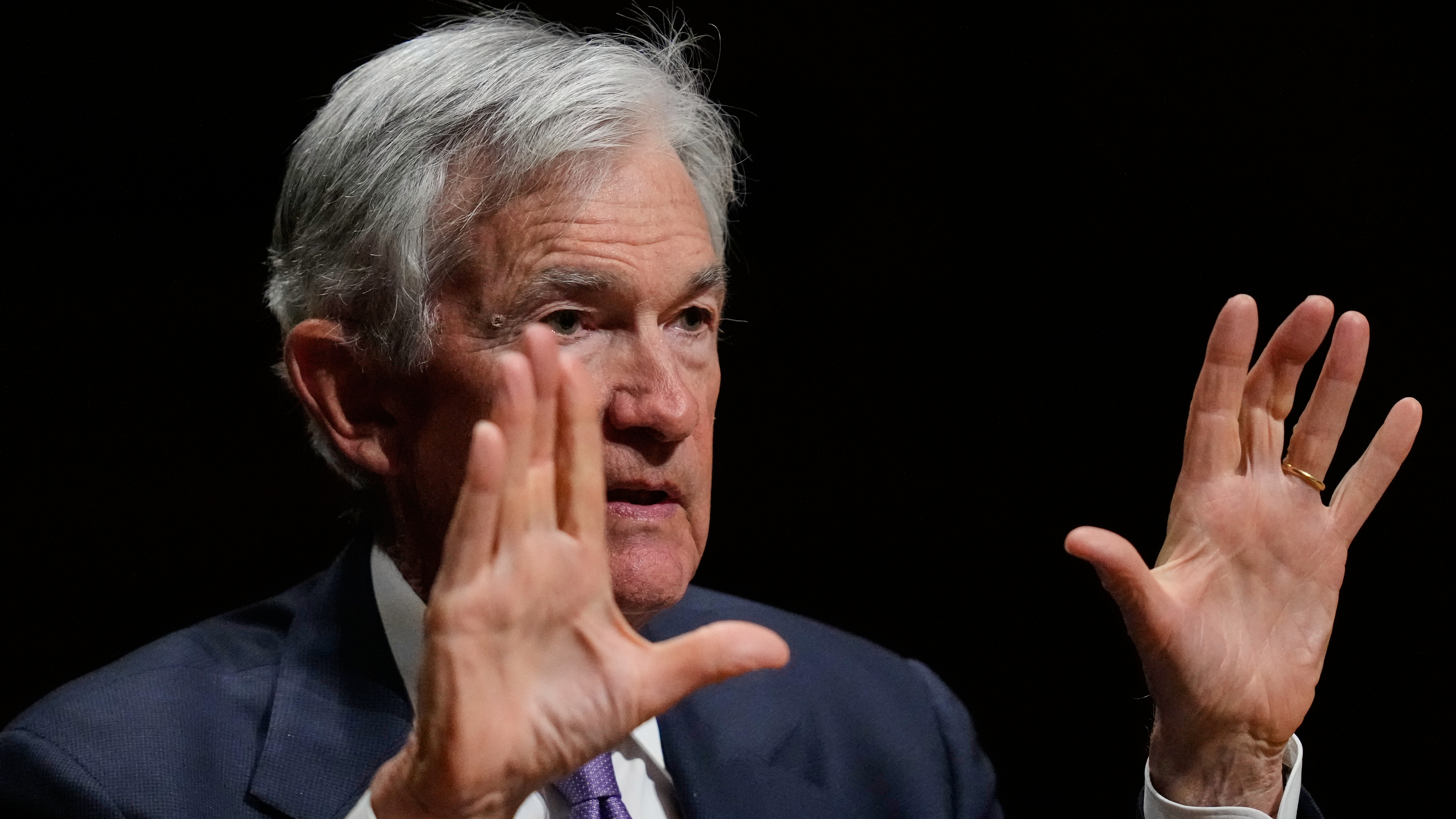 Federal Reserve Chair Jerome Powell gestures while addressing students at Harvard University, Cambridge, Mass., March 30, 2026.
