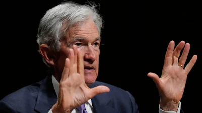 Federal Reserve Chair Jerome Powell gestures while addressing students at Harvard University, Cambridge, Mass., March 30, 2026.