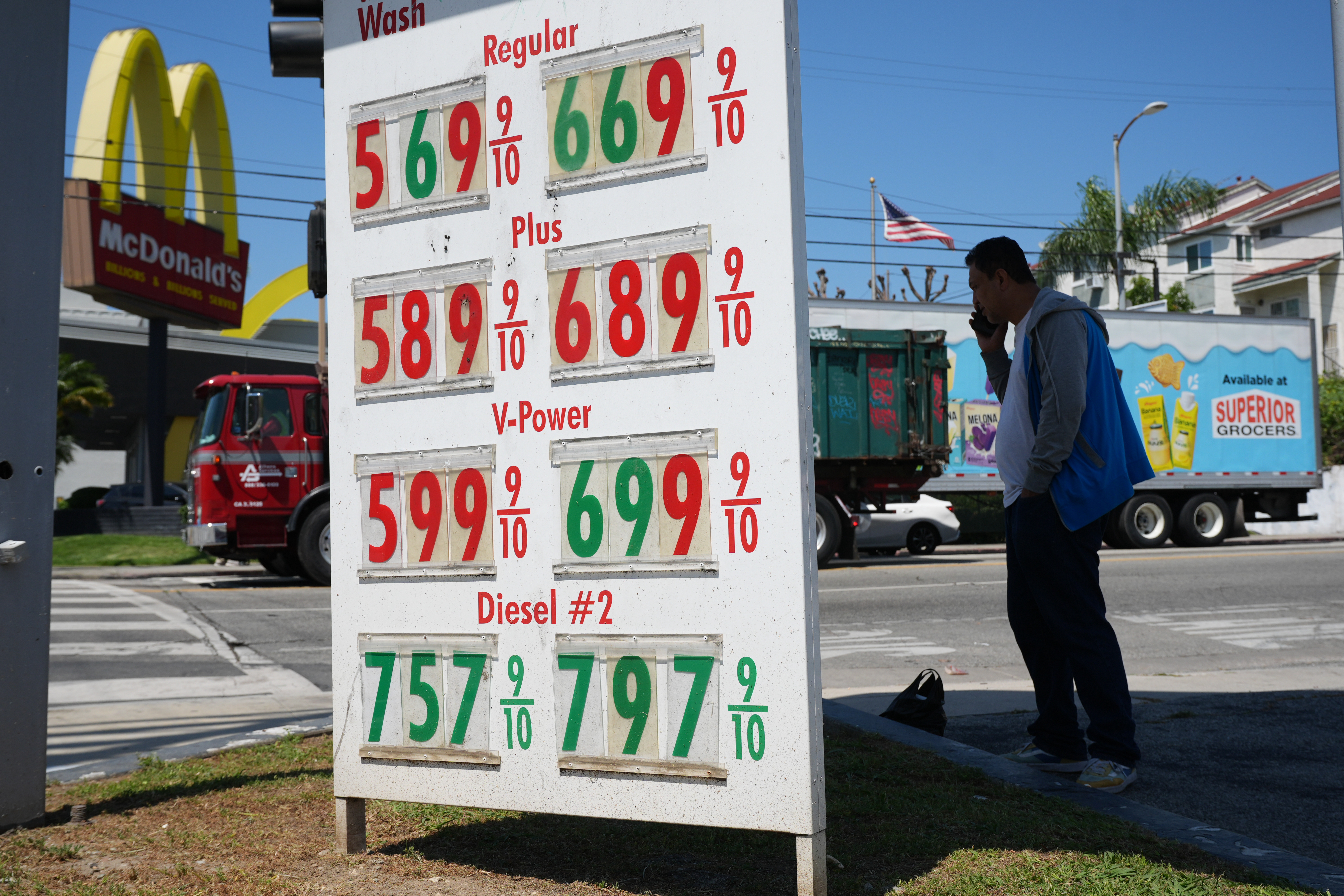 Prices displayed at a gas station in Los Angeles, April 7, 2026.