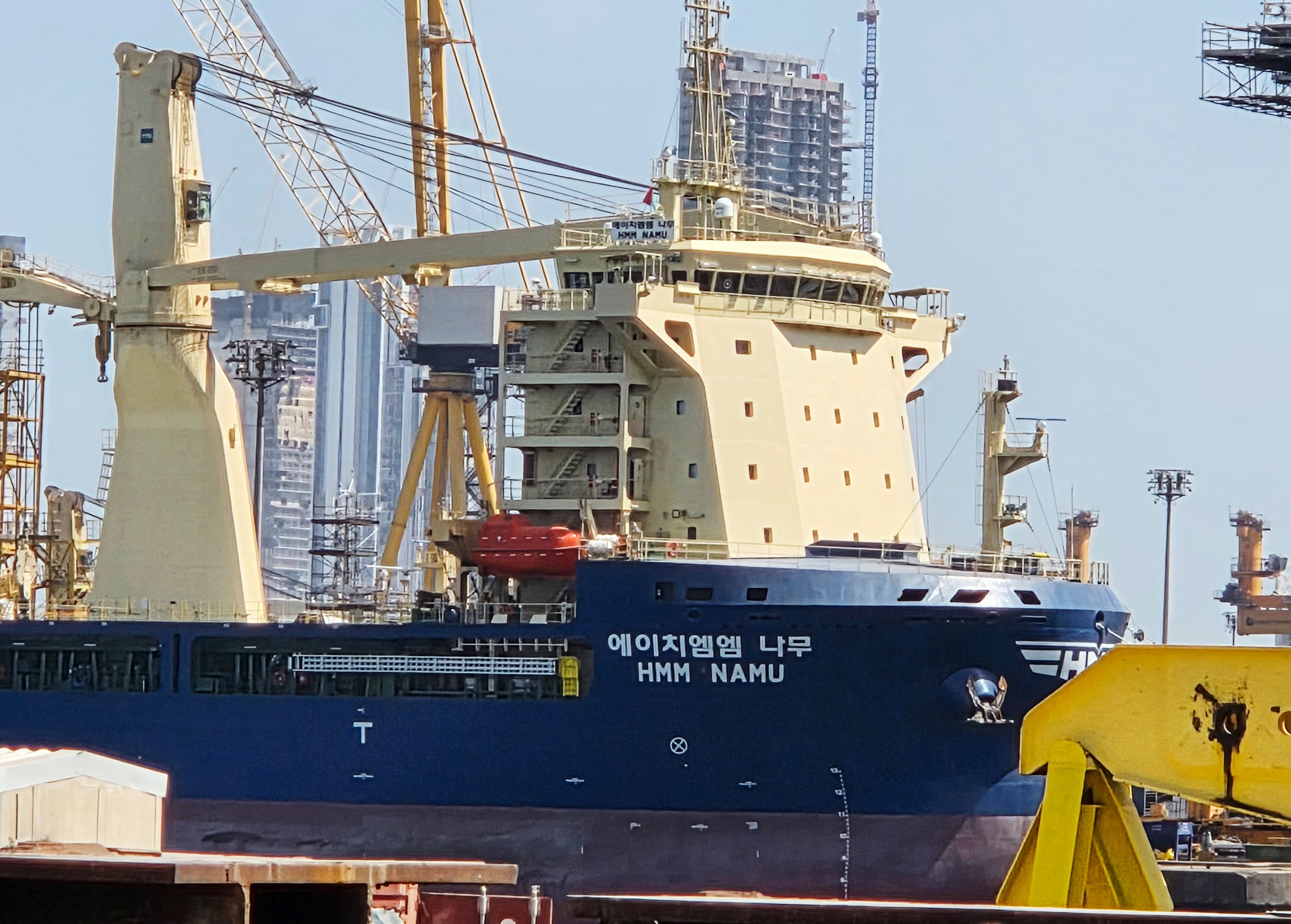 The South Korean-operated vessel HMM NAMU is docked after being damaged from a fire following an explosion in the Strait of Hormuz, Dubai, United Arab Emirates, May 8, 2026.